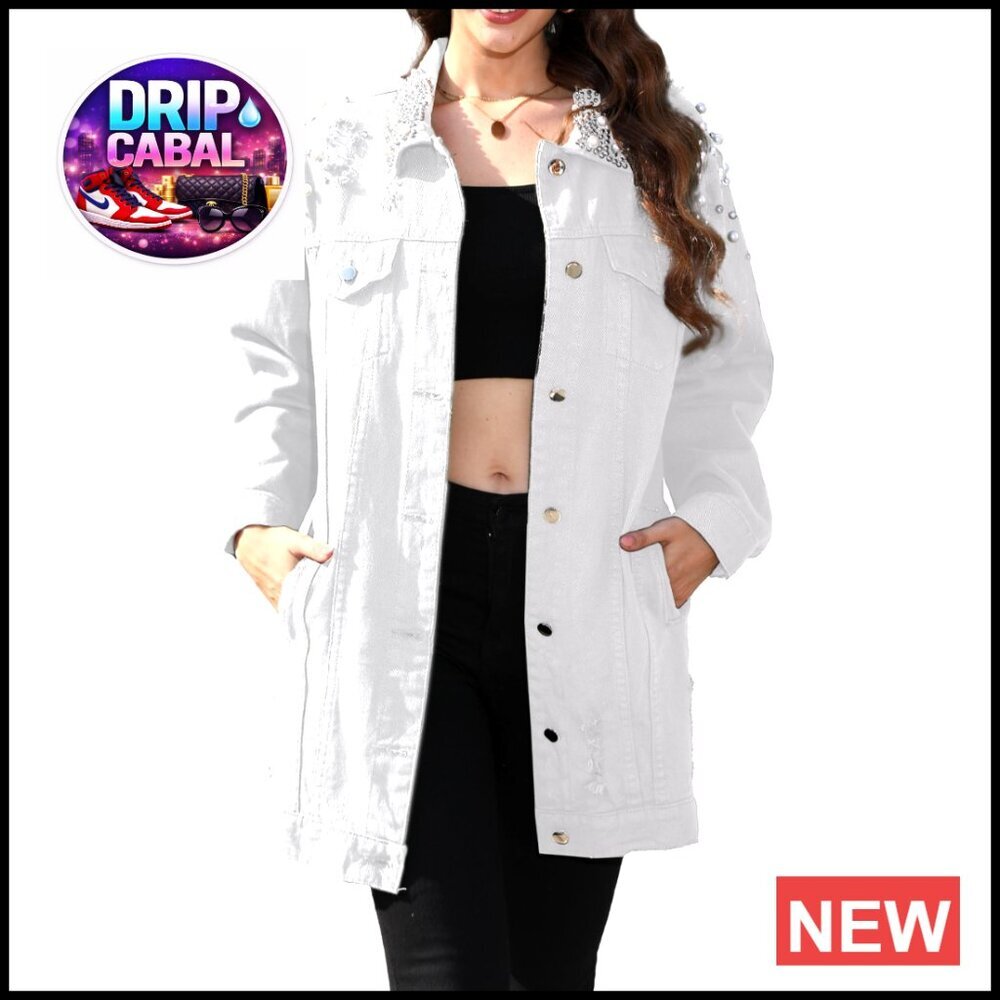 Long Sleeve Denim Jacket with Pearl Embellishments, Relaxed Fit